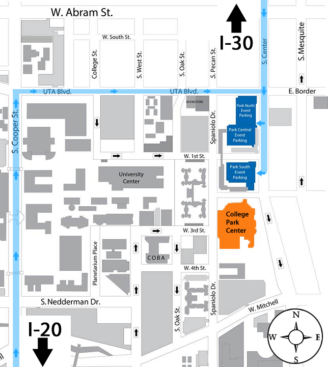 College Park Center parking map. Park North, Park Central and Park South parking garages are located north of College Park Center. 