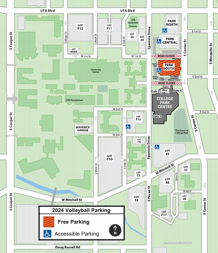 Free parking in Park South parking garage and Lot 45. Accessible parking is available.