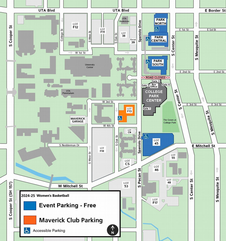 Free parking in Park South, Central, and North parking garages and Lot 45. Maverick Club Parking in Lot F13. Accessible parking is available.